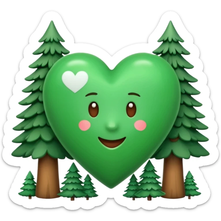 a big green heart emoji  with small pine trees behind it and i love you text on the front of the heart sticker