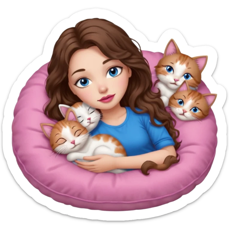 girl with long wavy brown hair, blue eyes, long lashes makeup, sexy pink lips, sleeping on a cozy pillow with 6 cats sticker