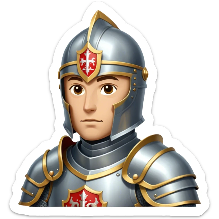 Clash of Clans aesthetic friendly Knight Portrait Emoji, With a noble, armored build featuring a gleaming suit adorned with intricate heraldry and a determined gaze behind a visored helm, his face rendered in a natural skin tone (not yellow), Simplified yet dynamic features, highly detailed, glowing with a cool, steely radiance, high shine, courageous and resolute, stylized with an air of chivalric valor, focused and stalwart, soft glowing outline, capturing the essence of a valiant knight ready to charge into epic quests with honor! sticker