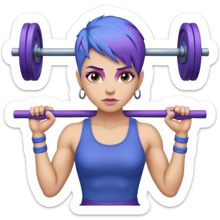 weight lift woman short blue purple har muscles bar is not growing from head sticker