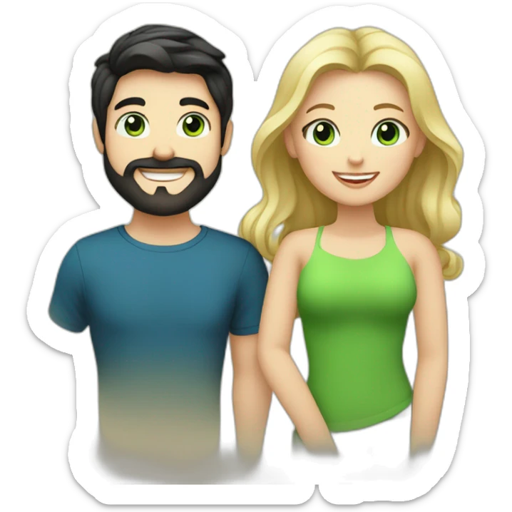 A happy couple, blond chubby girl with blue eyes and black haired and bearded man with green eyes sticker