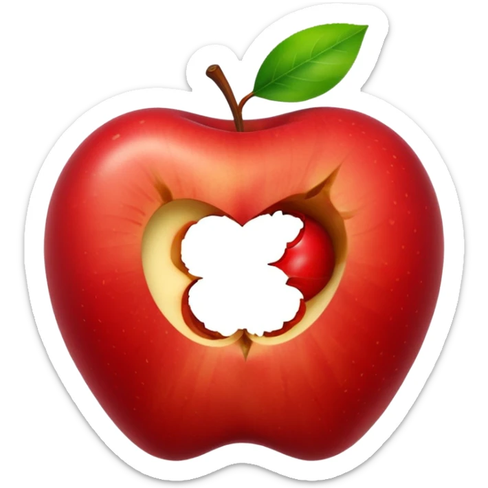 a partially eaten apple showing the core with a couple of leaves sticker