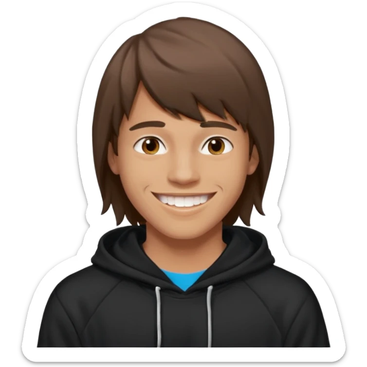 20 yr old man, brown hair, straight, big smile, white teeth, tanned skin, bangs, black hooded sweatshirt, long hair in back sticker