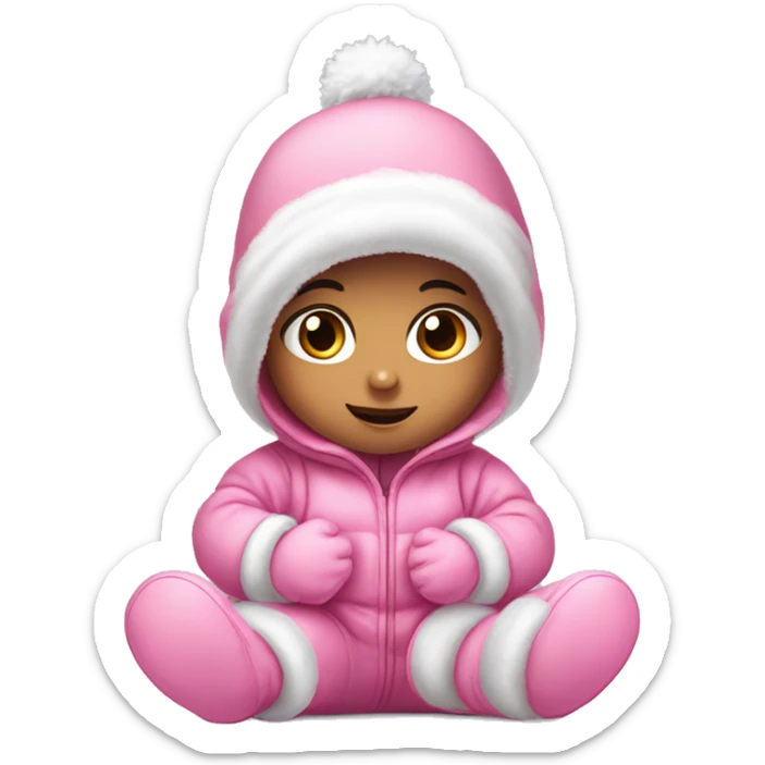 A cute baby girl wearing a pink snowsuit, snow. She has big eyes and long eyelashes, and is wearing a soft hat with two small balls on top. She is sitting down, playing with her hands covered by white gloves. sticker