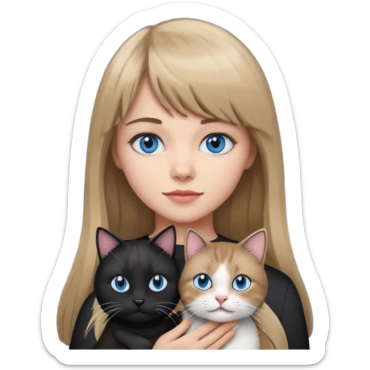 Apple-style emoji sticker of a young woman with long dark blond hair and bang, blue eyes , holding a cat black and white sticker