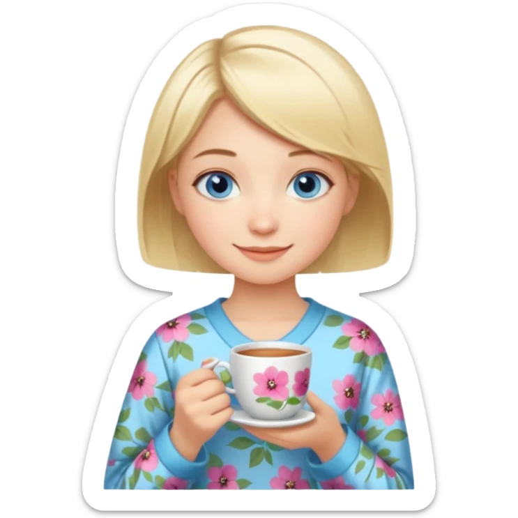Blue eyed girl with short blond hair in floral pijamas is holding a cup of tea sticker