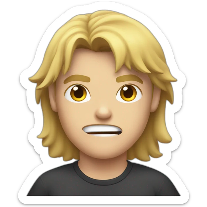 light haired angry young man in dark t-shirt with clenched fists over his head sticker