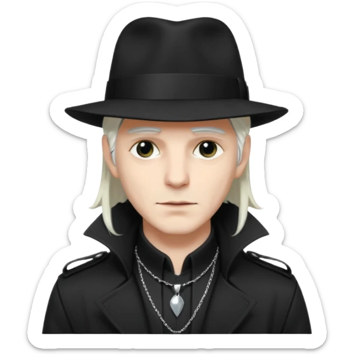 Male Goth with Fedora
 Sleek long hair, white skin, black trench coat, silver necklace visible under coat, white long hair sticker