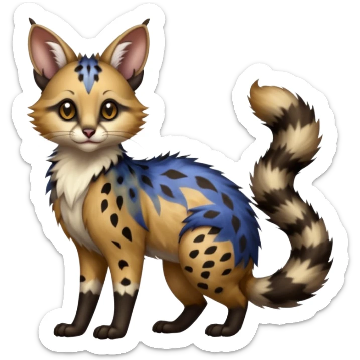  ink-black fur laced with oil-slick bronze and abyssal cobalt runes fur with random dark markings beautiful elegant pretty precious cute  Fakémon-Pokémon-opossum-feline-serval-caracal-chinchilla-Furret-Minccino-hybrid-creature with a big fluffy bushy tail (full body) sticker