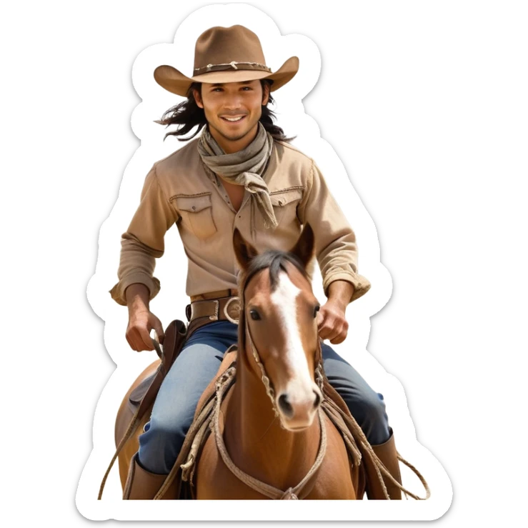 clash-of-clans-aesthetic_-cinematic-playful-cowboy-portrait-emoji, head-tilted with a roguish, cheeky grin and twinkling eyes, featuring a wide-brimmed cowboy hat and a weathered bandana on tan skin, riding a powerful galloping horse with dynamic flowing mane, reins gripped firmly in one hand and a lasso in the other, as dust swirls behind them in a vast desert landscape. sticker