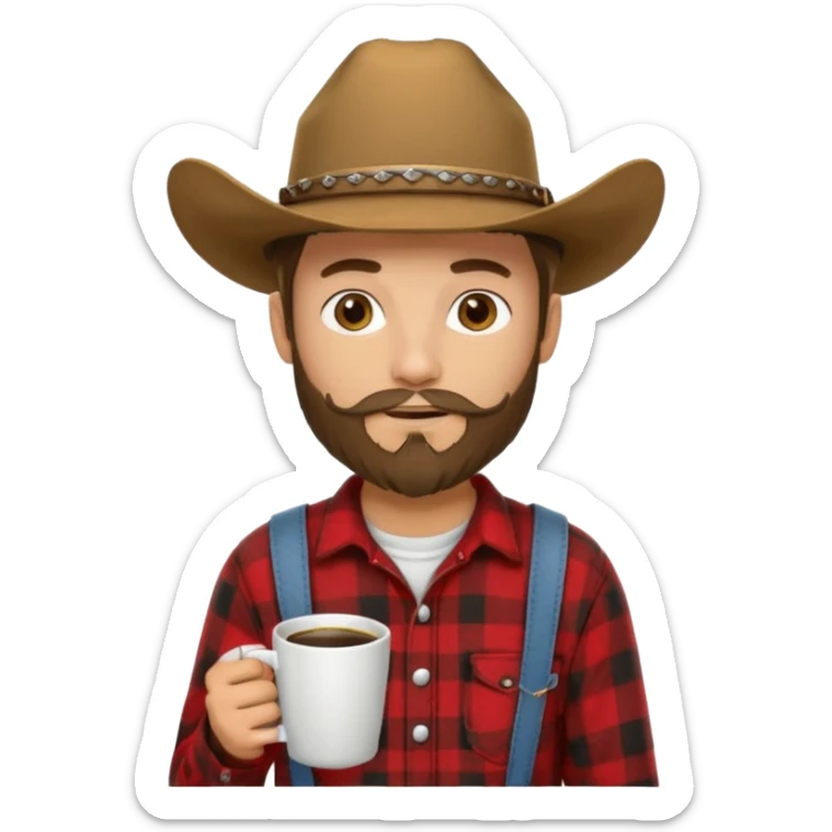 generate an ios genmoji of a 20 year old tan boy with a cowboy hat and french beard. Wearing a flannel and carrying a coffee mug sticker