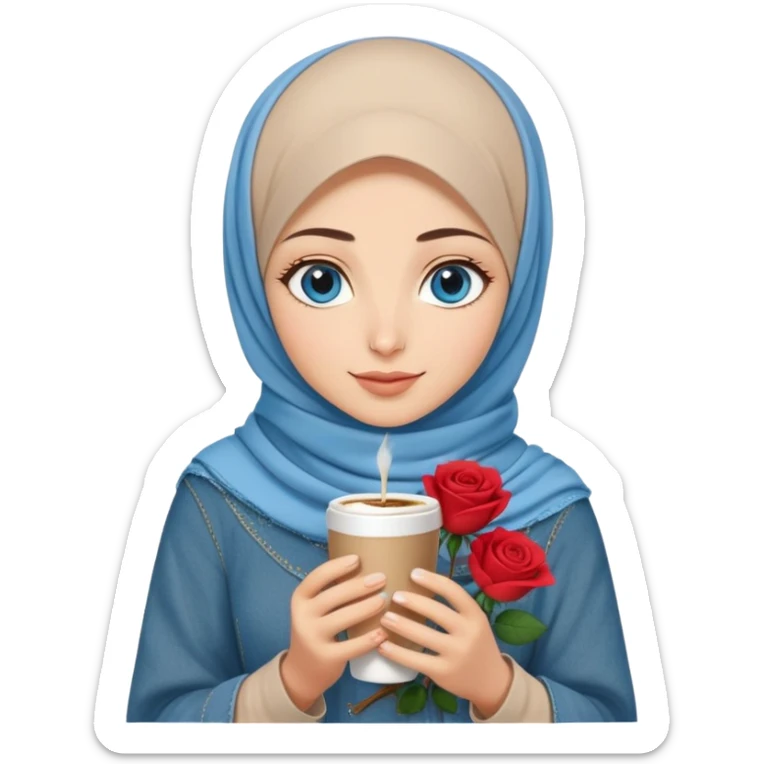 Turkish beautiful finish Konya two girls blue eyes with beige denim hijab islamic dress and had on her hand Rose Cold turkish coffee   sticker