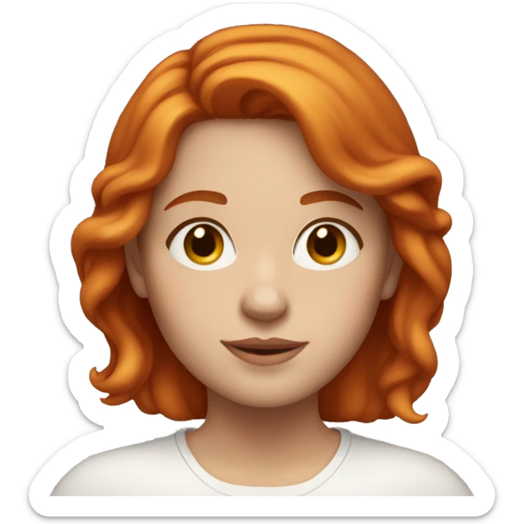 young white woman, shoulder length red hair, plump face sticker