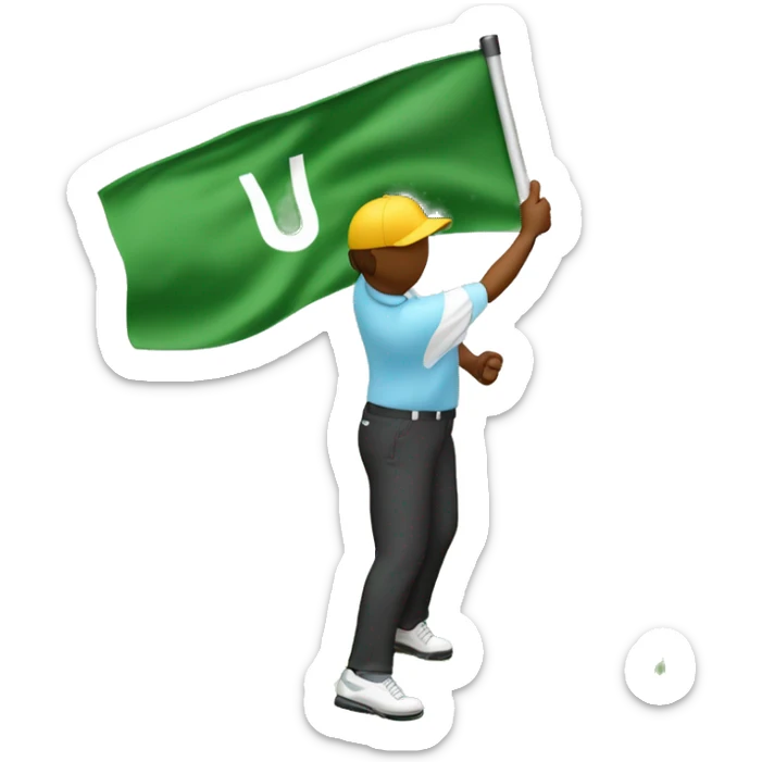 Golfer jumping up in the air with a golf club in hand on the putting green with the flag in the hole sticker
