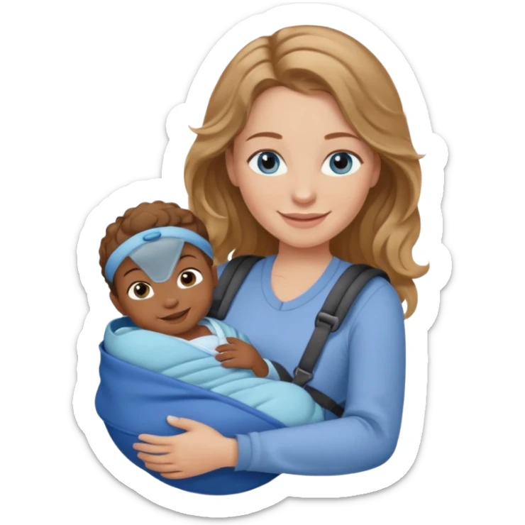 Caucasian woman with light brown wavy hair and blue eyes and dark skinned one newborn in carrier sticker
