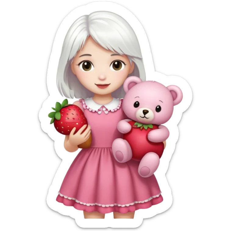 girl with white hair holding a strawberry wearing a pink dress holding a teddy bear sticker