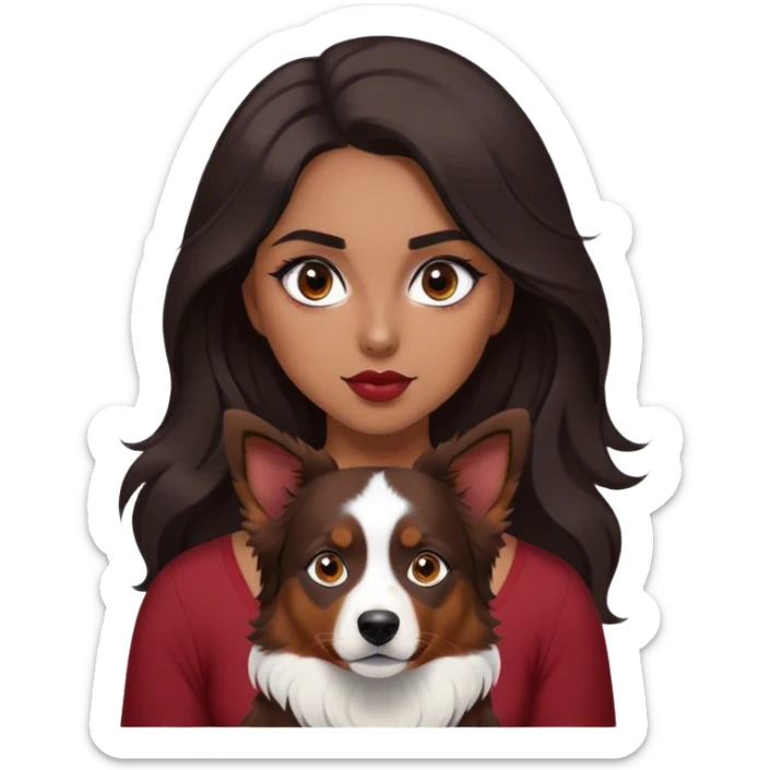 One latina girl with long beautiful dark hair and dark eyes in a dark red v neck and makeup with her black tri colored  Australian shepherd large sticker