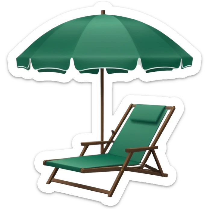 simple white beach umbrella and dark green lounge chair, minimalism, iOS emoji style, no background, no emojis or faces sticker