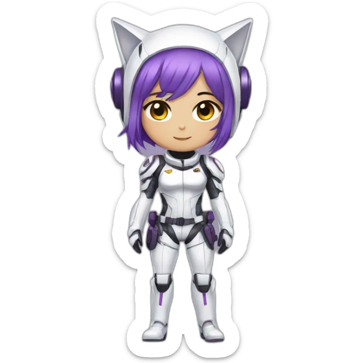 Anime mech pilot girl with short straight purple hair white pilot suit and short metal cat ears sticker