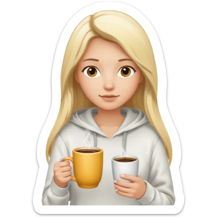 Girl with blonde long hair at white hoodie with a cup of coffee sticker