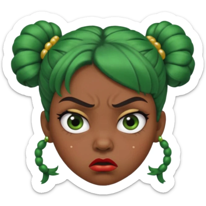 Create a 3D cartoon-style girl character with dark skin, round face, angry expression, big wide eyes, and tightly styled double buns made of green beaded hair. The girl should look irritated, eyebrows sharply angled, and lips pressed in a frown. sticker