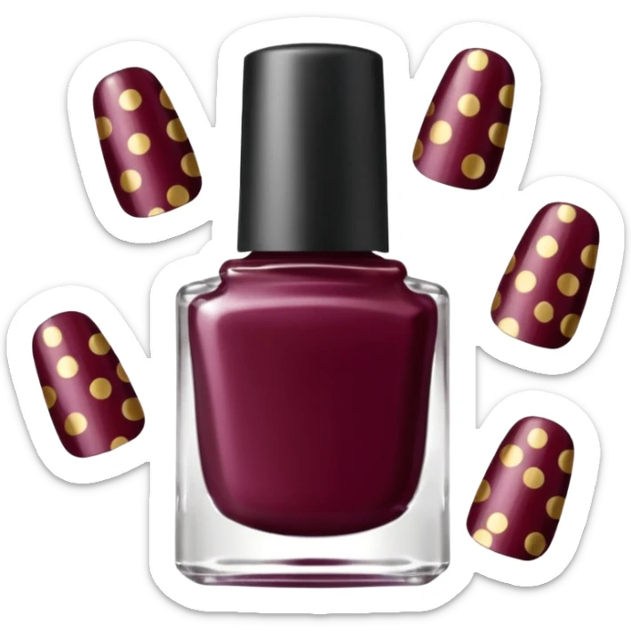 burgundy nail polish bottle, nail polish has light gold iridescence, cap is black with white polka dots, cinematic emoji sticker