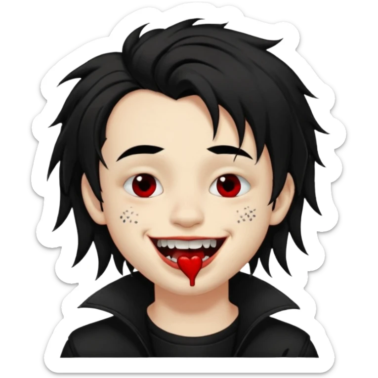 Laughing pale Goth boy with a bunch of face piercings, with shaggy dark brown hair, and messy black eyeliner , smudged, red, lipstick , kissing tan boy with long black hair  sticker