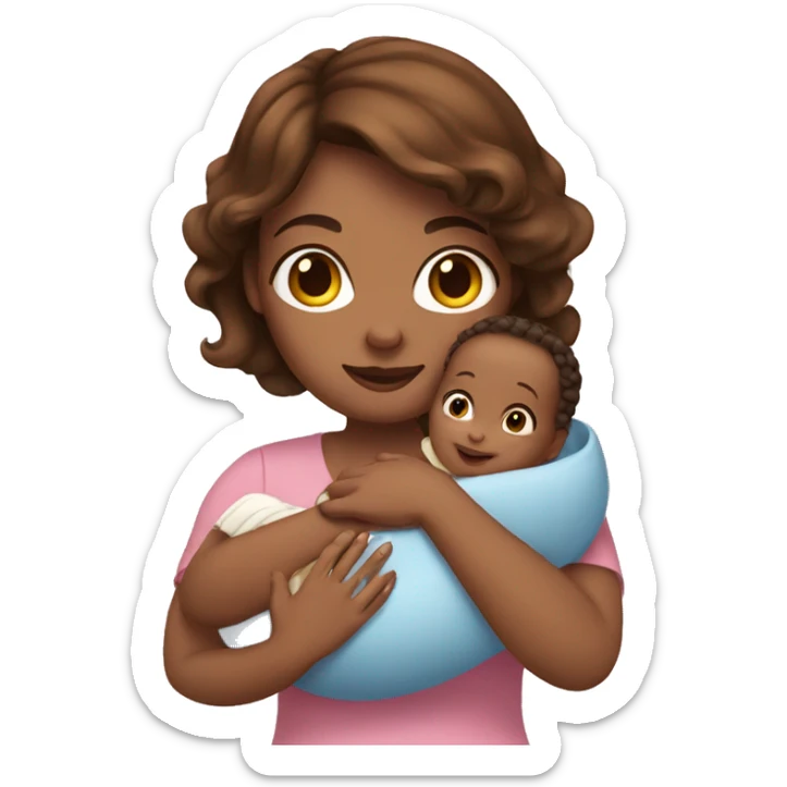 Woman with brown hair holding a baby girl sticker