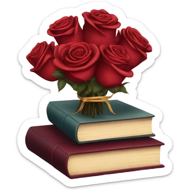 A red stack of books with a maroon bouquet of vintage-style roses and a silk ribbon sticker