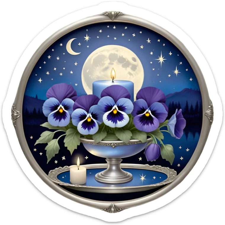 An enchanting nighttime scene where rich blue pansies bloom in a mystical landscape, their petals appearing almost luminous under the soft radiance of a silver crescent moon. A pearl-colored candle, embellished with intricate celestial symbols, sits atop an antique mirror tray, reflecting its warm glow. Wisps of silver mist curl around the flowers, and tiny glowing stars seem to hover just above the ground, adding to the dreamlike atmosphere. In the distance, a faint silhouette of a gothic archway frames the moon, enhancing the scene’s otherworldly beauty. sticker
