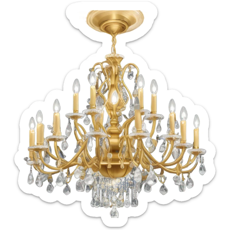 Gold chandelier with 12 arms, candle lights, crystal pendants, and ornate white ceiling rosette. sticker