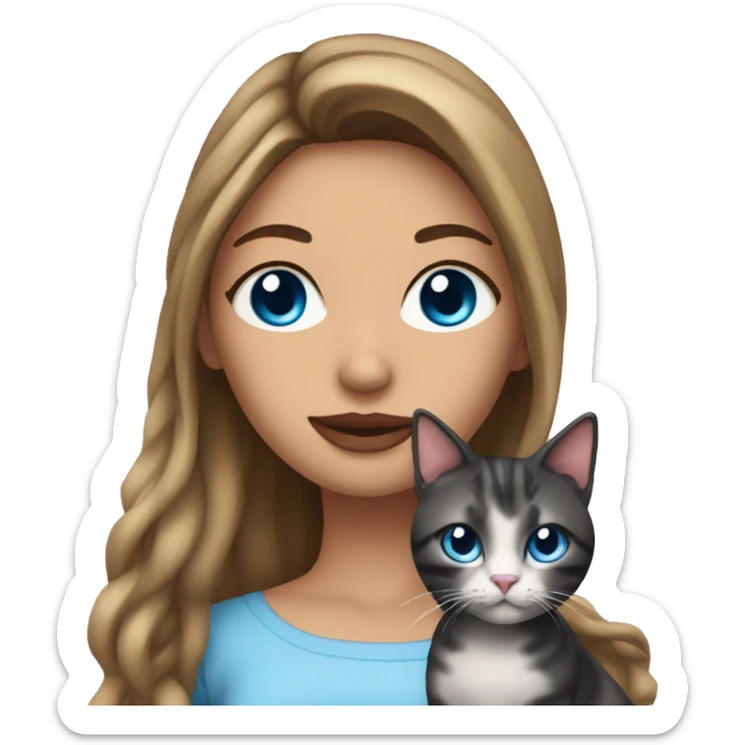Woman with dark long hair, pink lips and blue eyes holding a tabby cat  sticker