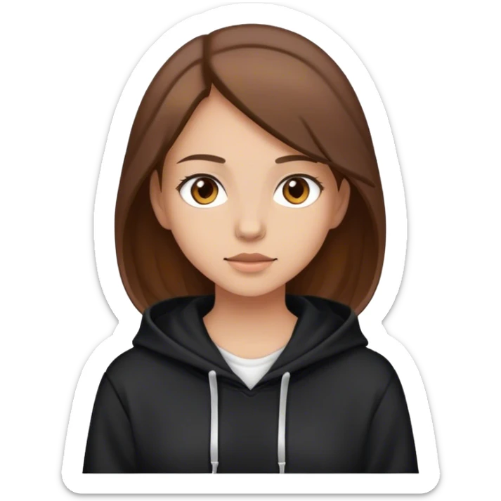 A Girl with Brown Hair and Brown eyes wearing a White t-shirt and a black hoodie  sticker