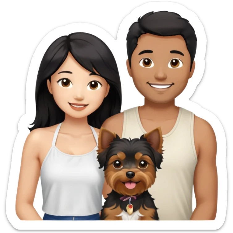 A pretty Asian girl with long, luscious wavy black hair (loose, no hair tie), wearing a white sleeveless halter top, standing beside a brown skinned man with a Two Block 6/4 haircut who is wearing a shirt. They are both smiling and holding a small Yorkshire Terrier together sticker