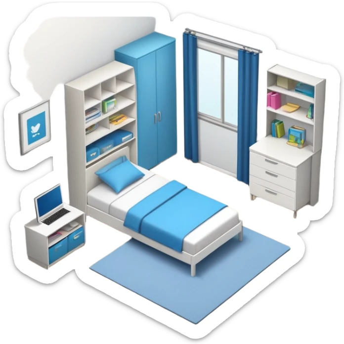 top-down view of teenage bedroom layout with bed, desk, closet, and storage sticker
