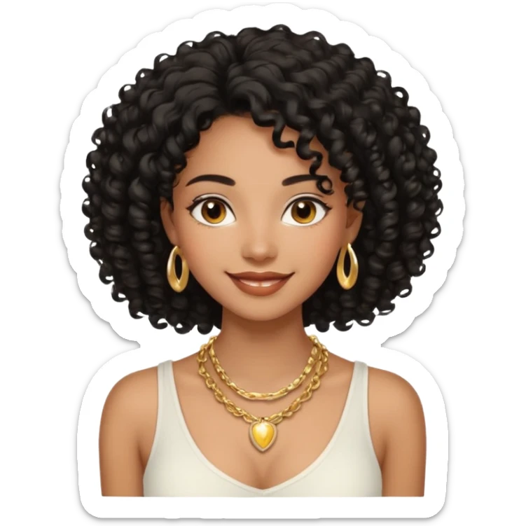 a young woman.She has voluminous, curly black hair that frames her face beautifully. Her skin tone is black light and glowing, and she has a subtle, natural makeup look. She’s smiling softly at the camera. She is wearing a white top sticker