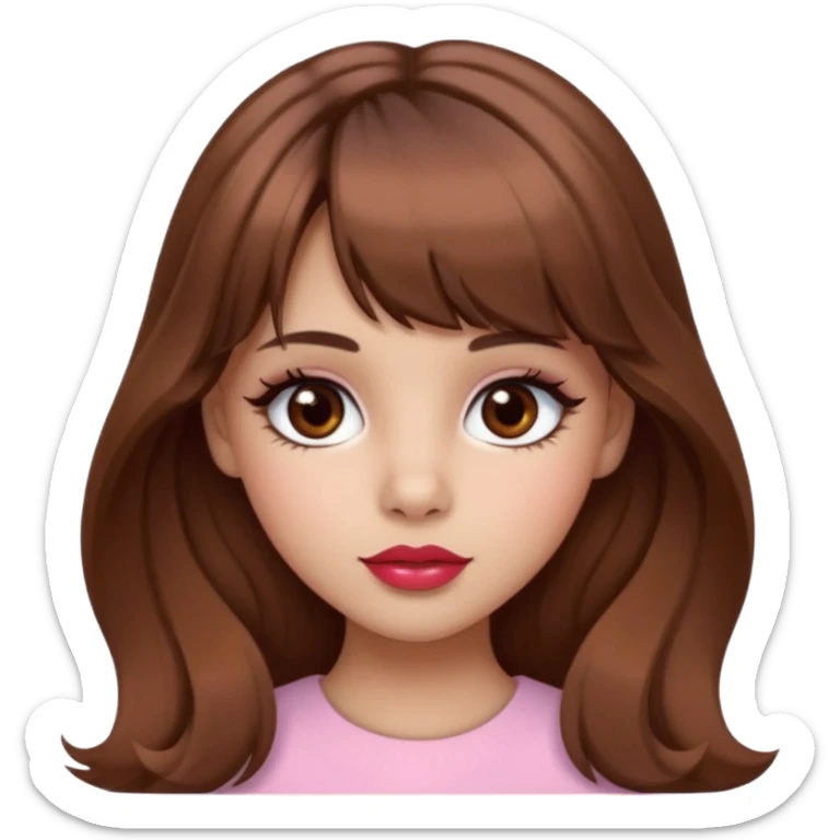 A girly girl with medium skin, soft pinkish cheeks, large bambi dark hazel eyes with long eyelashes, long wavy brown hair with full soft bangs, medium straight nose with a soft tip, medium natural red lips,very feminine and pretty features, sticker