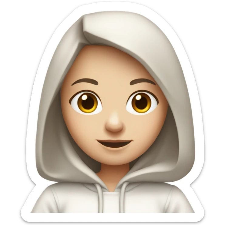 white girl with straight brown hair and bangs in a white hoodie, holding a laptop sticker