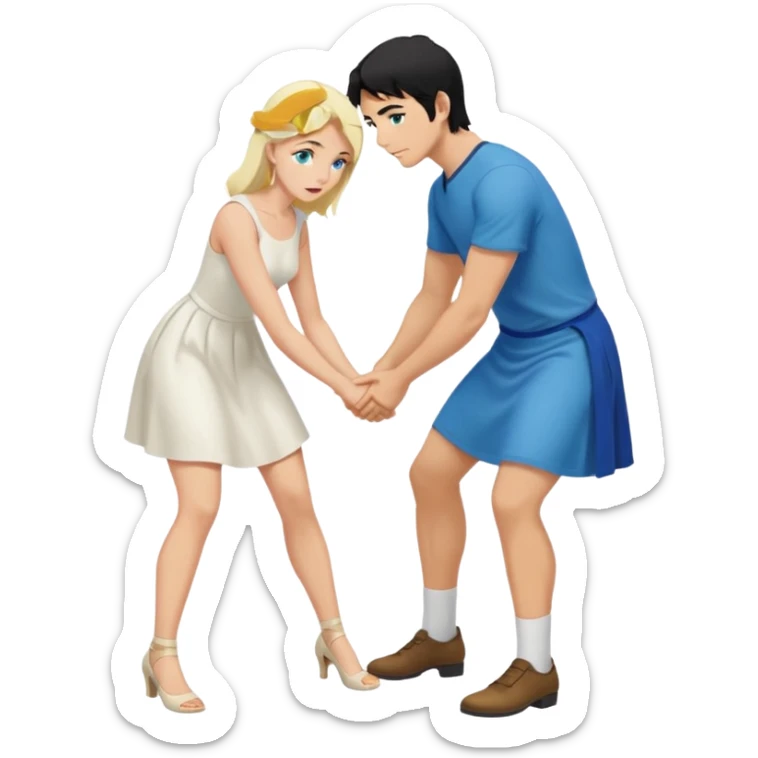 Man, black Hair, blue eyes, whole body, Woman, bending knees, blonde, green eyes, White Dress, sticker