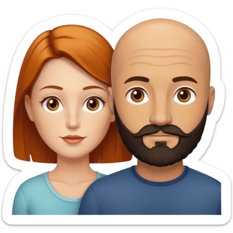 Couple. Bald man with dark brown-black beard. White woman with many small, faded freckles, white skin and she has auburn-yellow-brown-caramel, dark hair. She has light orange-brown eyes. The man have hazel eyes. Retro style. sticker