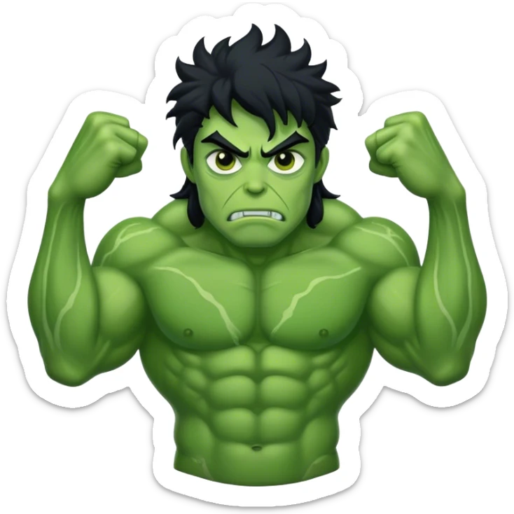 a tall green giant with muscles and messy black hair with green skin sticker