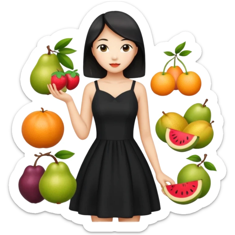 asian young woman in black dress with images of fruits on it sticker
