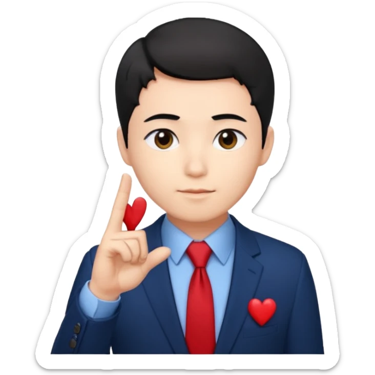A man in very black short hair with all back hair style, wearing dark blue suit and red tie, making a Korean finger heart like photo sticker