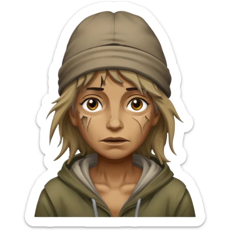 very dirty looking homeless woman with ripped hat with ugly hair sticker