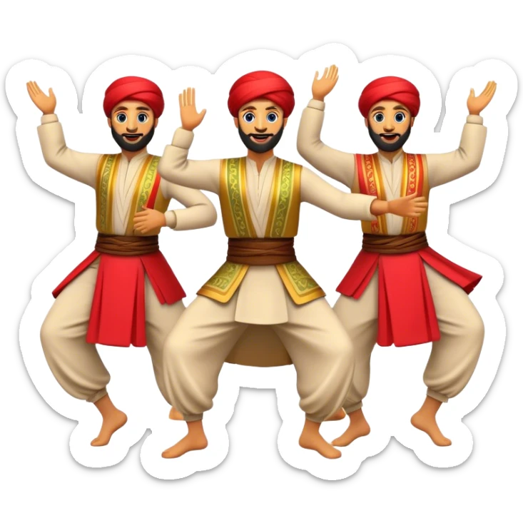 Cinematic Realistic Dabke Dance Emoji, depicted as an energetic traditional Lebanese folk dance with vibrant costumes and rhythmic movements, rendered with dynamic textures and festive natural lighting that captures its communal joy. sticker