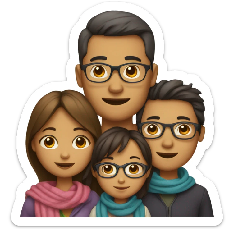 Draw a family of 4 consisting of a father with glasses, a mother with a scarf, a 3-year-old girl and a baby boy. sticker