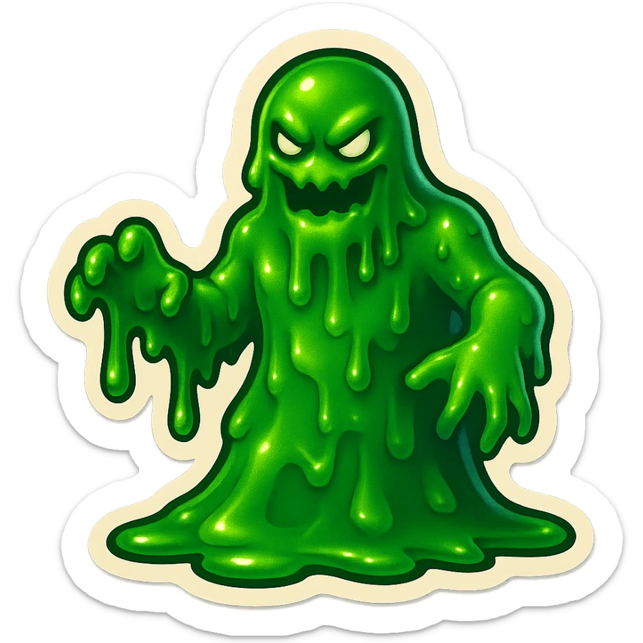 Slime monster. green slime. scary sinister. slime attacks. show full body. more dripping slime. talk humanoid slime creature. sinsiter and scary...green slime. has 2 arms and a vague head sticker
