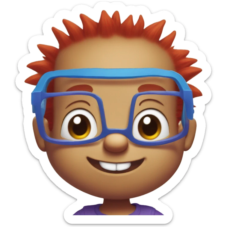 Rugrats, a red-haired one year baby with spiky hair and only 2 front teeth wearing purple square glasses and a blue shirt with red trim sticker