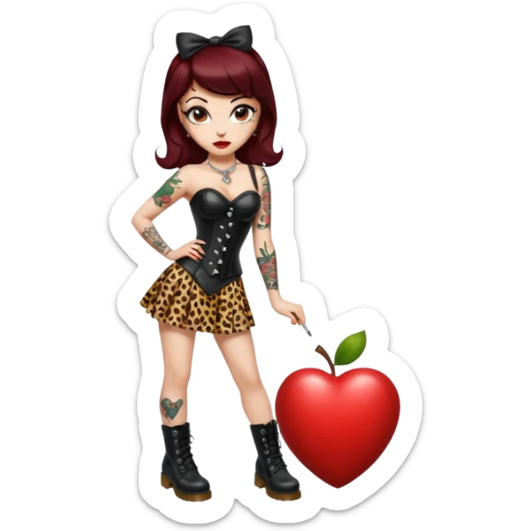compact pin-up girl, white skin, heart-shaped face, big eyes, dark red lips, brown hair with rockabilly bangs and blonde streak, leopard and black leather corset, black pencil skirt, Dr. Martens boots, old school tattoos, Apple/iPhone emoji style, transparent background sticker