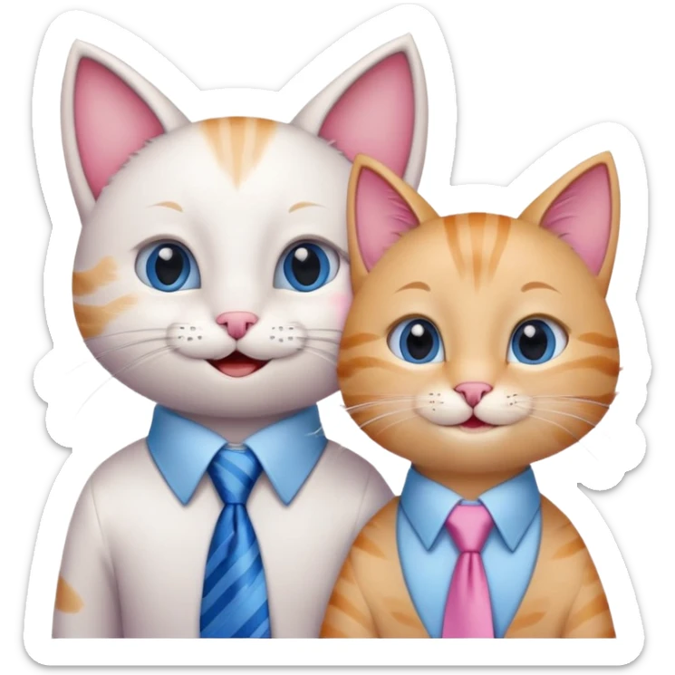 happy girl cat with eyelashes wearing a pink necktie and happy boy cat wearing a blue necktie, standing close together, both smiling sticker